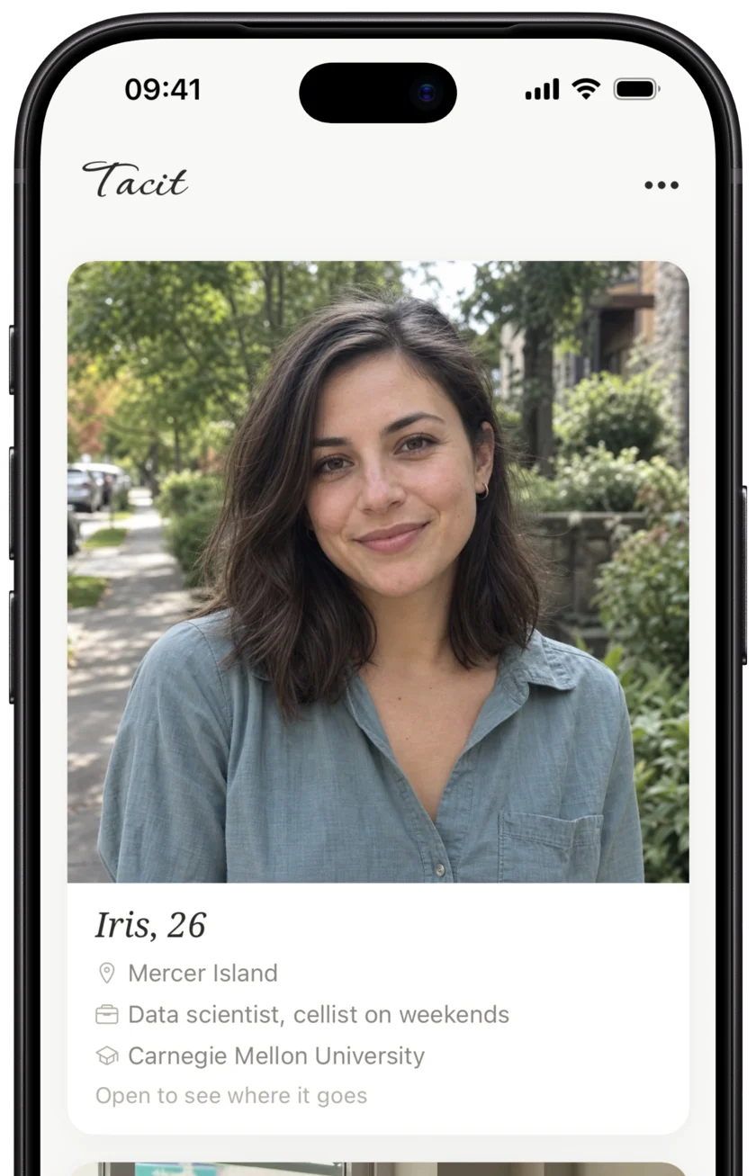 A Tacit profile card for Iris, 26, a data scientist and weekend cellist.