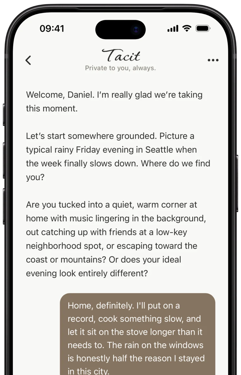 Tacit asking about a rainy Friday evening in Seattle, and a reply about records and slow cooking.