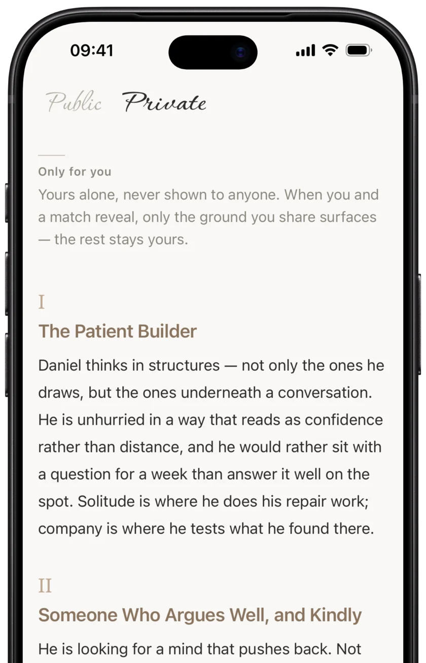 A private profile, visible only to its owner, beginning with a chapter titled The Patient Builder.