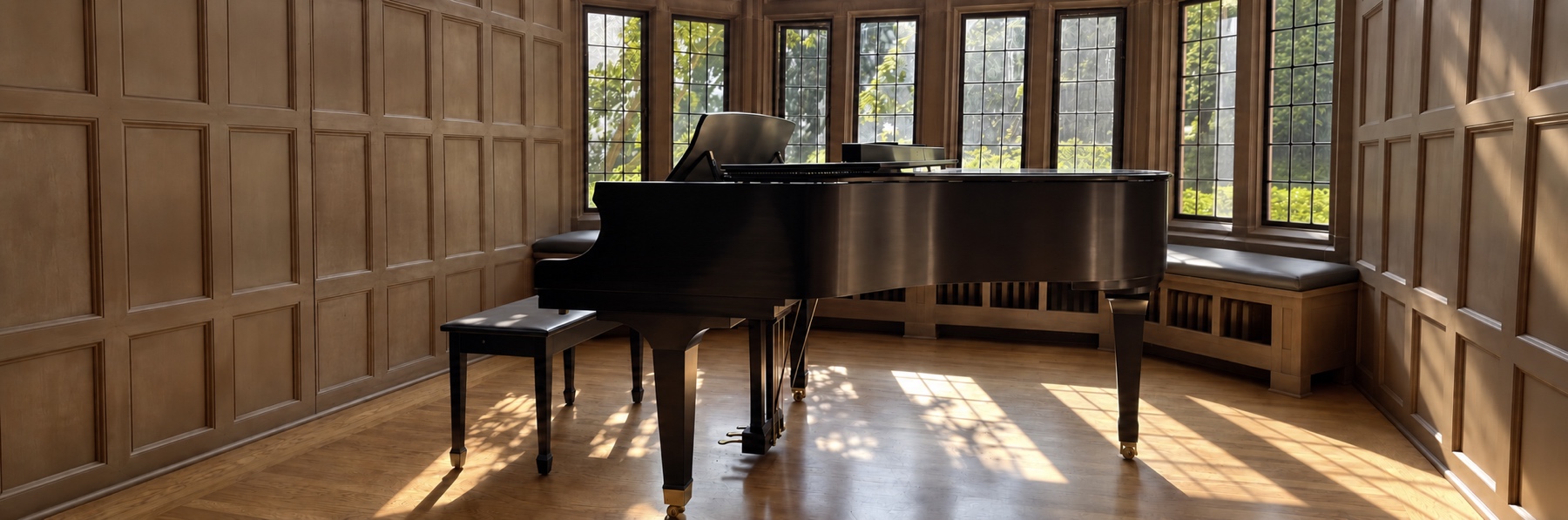 A black grand piano in a wood-panelled room, afternoon sun through leaded windows falling across the floor.